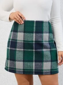 Plus Plaid Print High Waist Skirt - Green - View 5