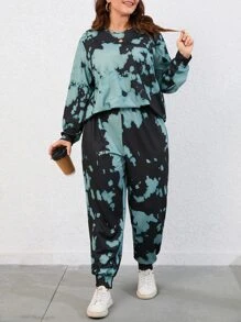 SHEIN LUNE Plus Tie Dye Drop Shoulder Sweatshirt & Joggers - Mint Green - View 3