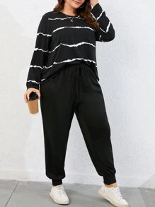 SHEIN LUNE Plus Striped Tee & Drawstring Waist Joggers - Black - View 5
