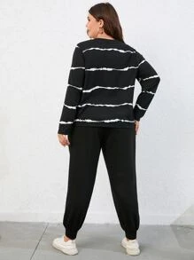 SHEIN LUNE Plus Striped Tee & Drawstring Waist Joggers - Black - View 2