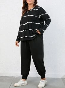 SHEIN LUNE Plus Striped Tee & Drawstring Waist Joggers - Black - View 3