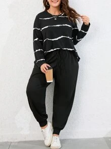 SHEIN LUNE Plus Striped Tee & Drawstring Waist Joggers - Black - View 1