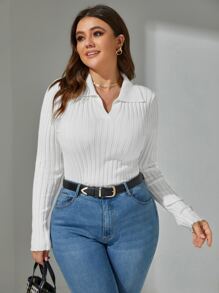 Mulvari 加大码纯色罗纹针织套头衫，适合秋冬季穿着 - 白色 - 查看 4