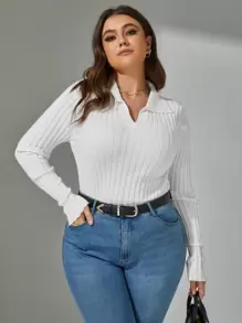 Mulvari 加大码纯色罗纹针织套头衫，适合秋冬季穿着 - 白色 - 查看 1