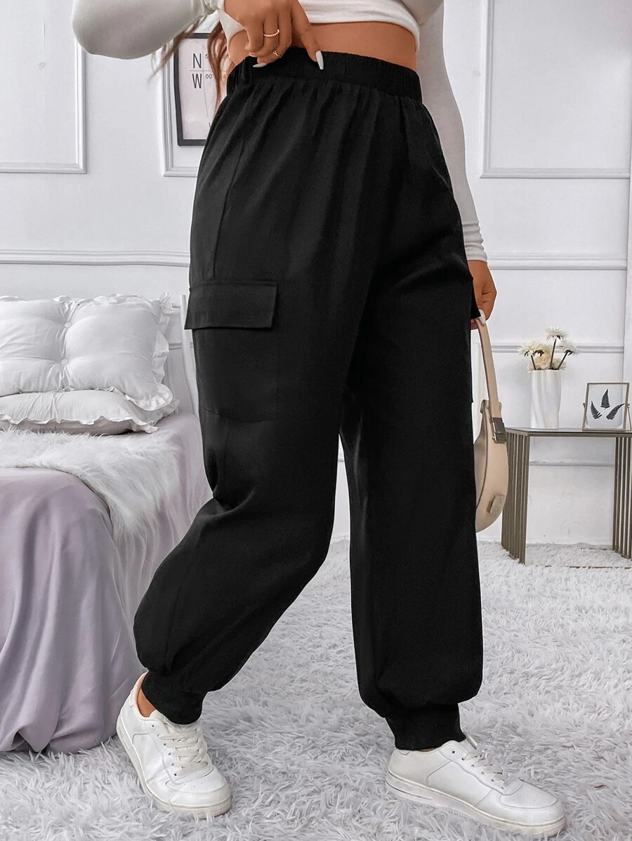 Flirla Plus Flap Pocket Side Elastic Waist Cargo Trousers - Black - View 1