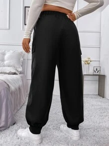 Flirla Plus Flap Pocket Side Elastic Waist Cargo Trousers - Black - View 2