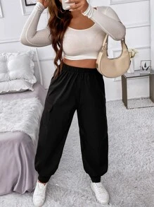 Flirla Plus Flap Pocket Side Elastic Waist Cargo Trousers - Black - View 3