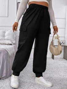 Flirla Plus Flap Pocket Side Elastic Waist Cargo Trousers - Black - View 4