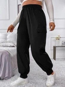 Flirla Plus Flap Pocket Side Elastic Waist Cargo Trousers - Black - View 5