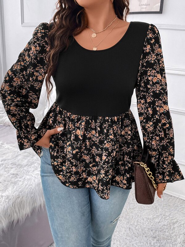 Rometta Plus Size Women Crew Neck High Elastic Knit Tank Top, Colorblocked Ditsy Ditsy Floral Fabric, Fitted Waist A-Line, Ruffle Cuff Sleeves, Casual Vacation Blouse Fall Cloth For Women