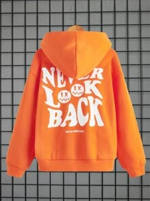 SHEIN Leap Crew Áo nỉ tay trễ vai in hình hoạt hình và khẩu hiệu dành cho bé trai tuổi teen - trái cam - Xem 1