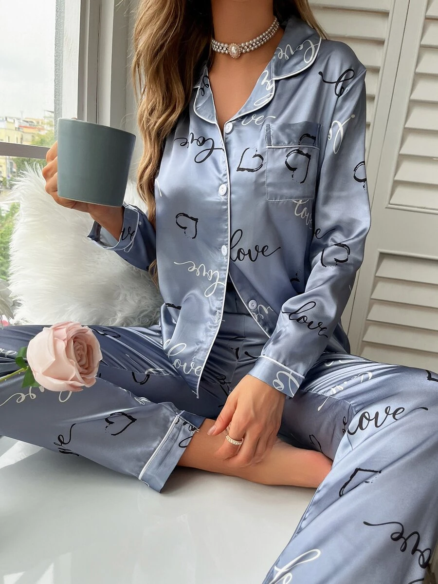 LuxeNights Heart & Letter Graphic Satin PJ Set / Pajama Set, Fall Clothes - Dusty Blue - View 1