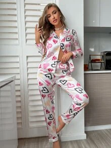 心形印花撞色滚边缎面睡衣套装/睡衣套装，秋季服装 - 彩色 - 查看 3