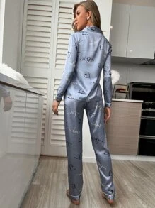 LuxeNights Heart & Letter Graphic Satin PJ Set / Pajama Set, Fall Clothes - Dusty Blue - View 2