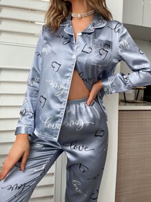 LuxeNights Heart & Letter Graphic Satin PJ Set / Pajama Set, Fall Clothes - Dusty Blue - View 5