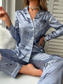 LuxeNights Heart & Letter Graphic Satin PJ Set / Pajama Set, Fall Clothes - Dusty Blue - View 3