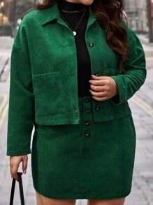 SHEIN Frenchy Plus Dual Pocket Drop Shoulder Corduroy Jacket & Skirt, Winter - Green - View 1
