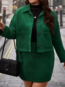 SHEIN Frenchy Plus Dual Pocket Drop Shoulder Corduroy Jacket & Skirt, Winter - Green - View 2