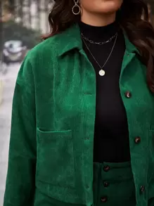 SHEIN Frenchy Plus Dual Pocket Drop Shoulder Corduroy Jacket & Skirt, Winter - Green - View 3