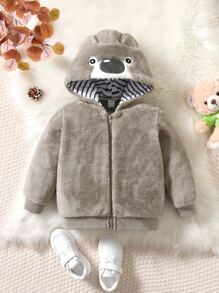 SHEIN Young Boy Embroidery 3D Ear Design Teddy Hooded Jacket - Mocha Brown - View 1