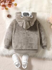 SHEIN Young Boy Embroidery 3D Ear Design Teddy Hooded Jacket - Mocha Brown - View 2