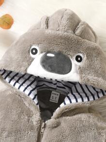 SHEIN Young Boy Embroidery 3D Ear Design Teddy Hooded Jacket - Mocha Brown - View 4