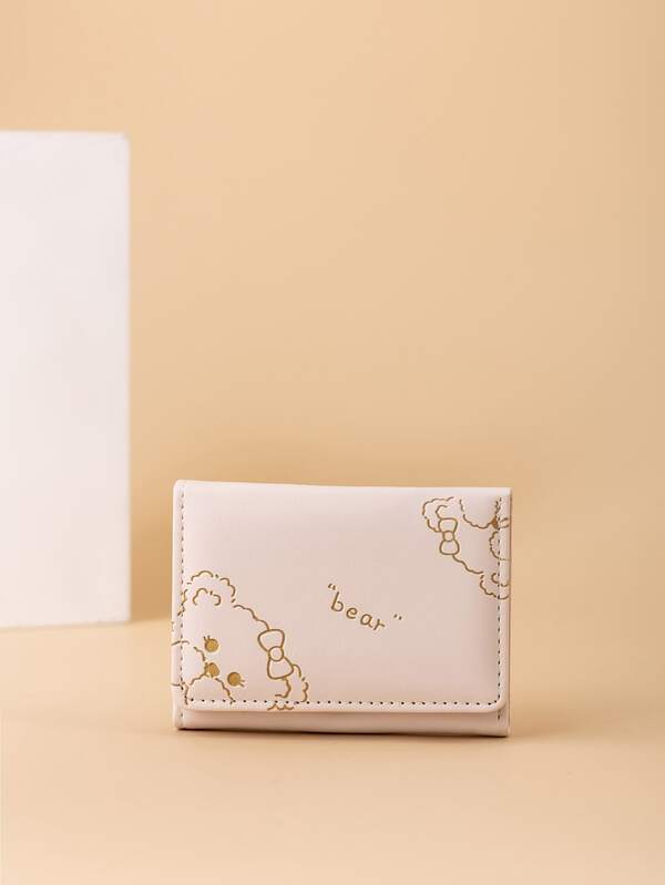 Bear & Letter Graphic Small Wallet Credit Card Small Purse ID Window Trifold Women Wallet