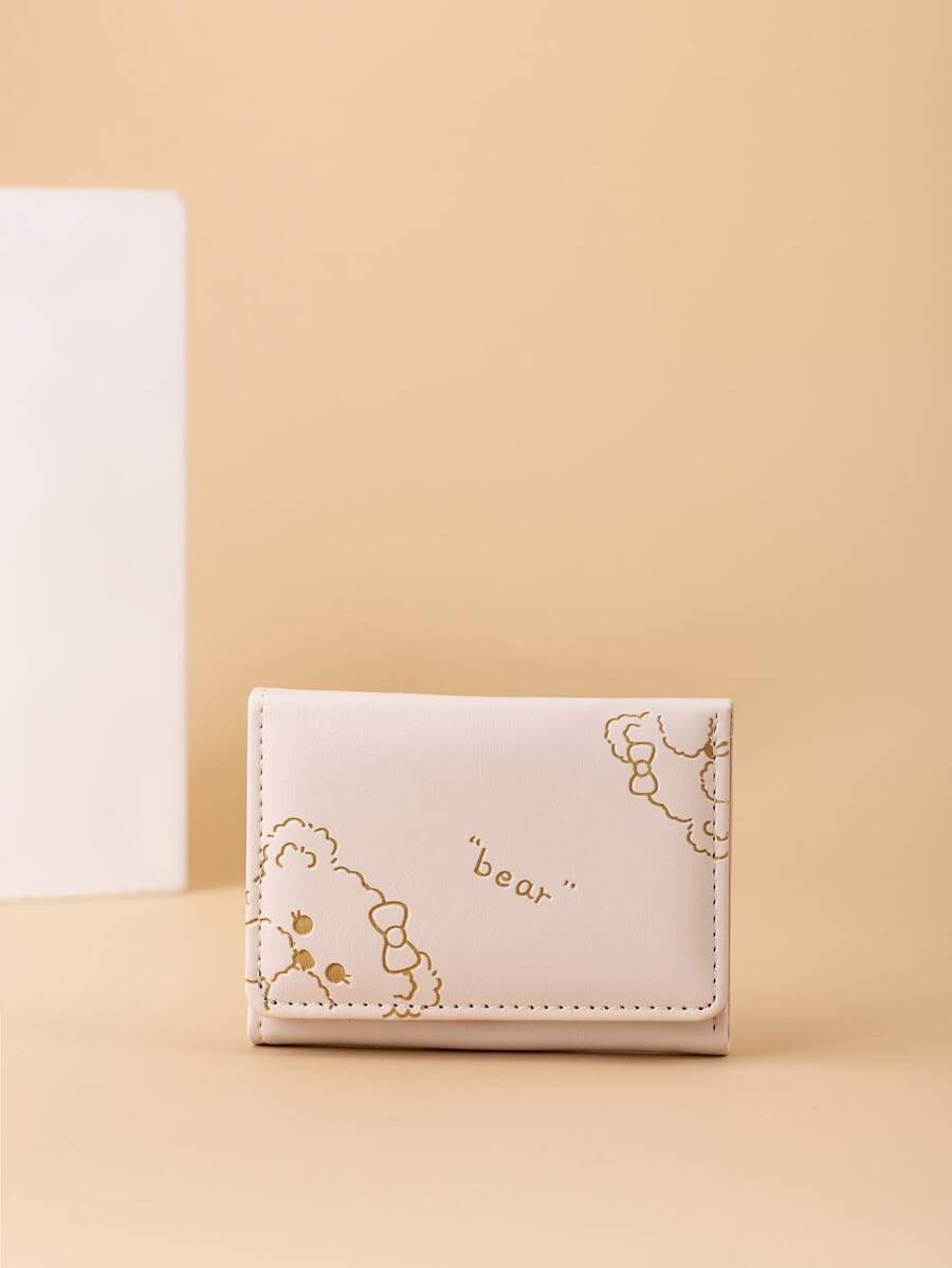 Bear & Letter Graphic Small Wallet Credit Card Small Purse ID Window Trifold Women Wallet