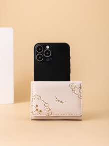 Bear & Letter Graphic Small Wallet Credit Card Small Purse ID Window Trifold Women Wallet