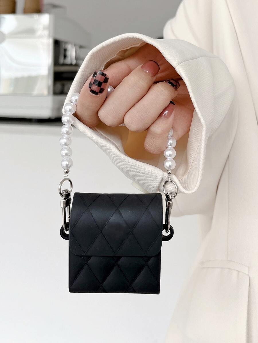 Funda protectora para audífonos de silicona a prueba de golpes con patrón de cadena de perlas, compatible con AirPods 1/2/3/Pro/Pro 2 - Negro - Ver 1