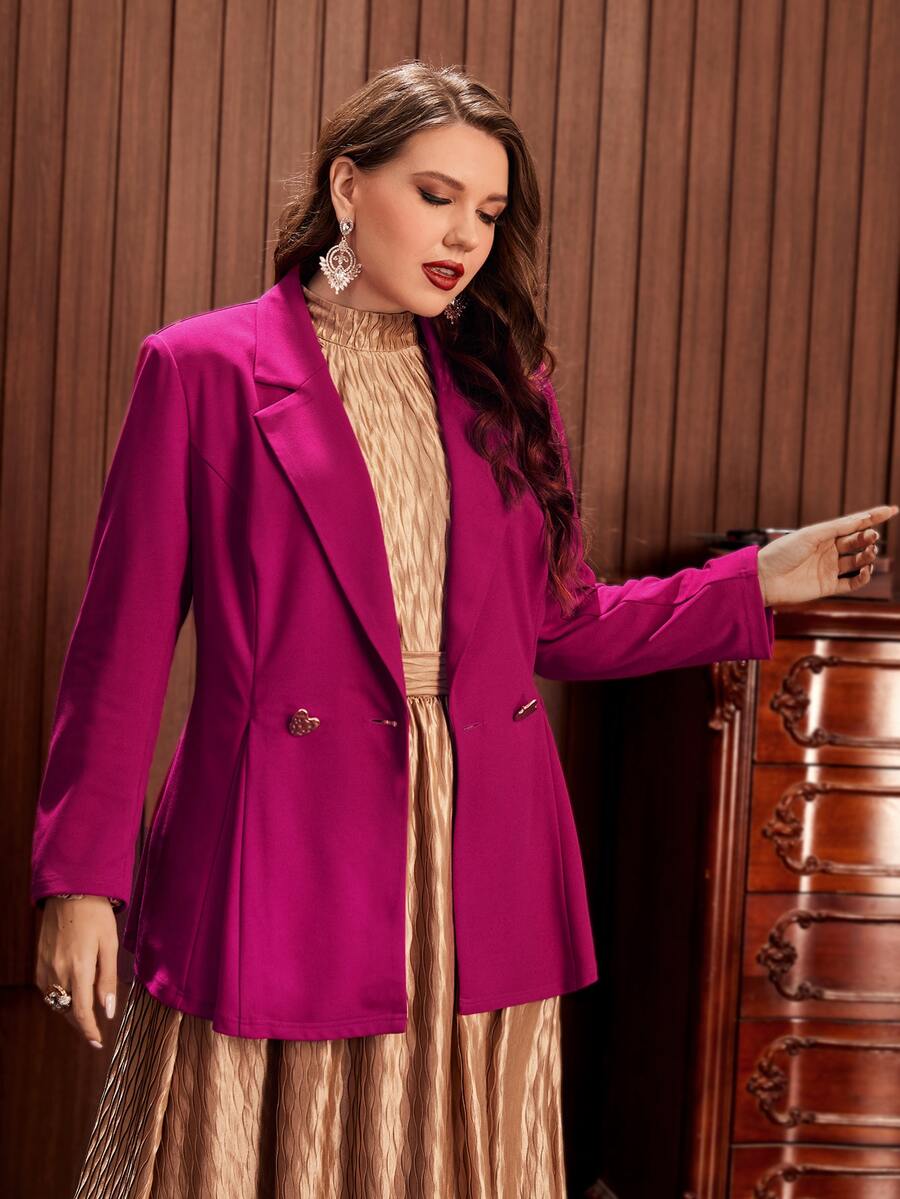 Modelyn Plus Lapel Neck Fold Pleated Blazer - Hot Pink - View 1