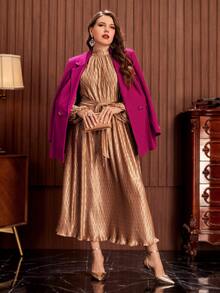 Modelyn Plus Lapel Neck Fold Pleated Blazer - Hot Pink - View 6