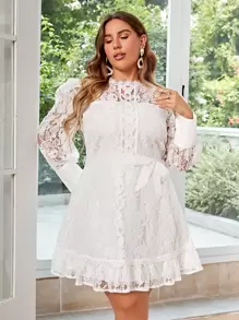 Simplee Vestido de cuello alto con nudo lateral con encaje - Blanco - Ver 1