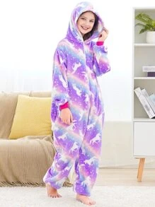 Pijama tipo mono con estampado de unicornio morado brillante para niña preadolescente - Lila Púrpura - Ver 4