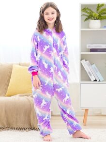 Pijama tipo mono con estampado de unicornio morado brillante para niña preadolescente - Lila Púrpura - Ver 6