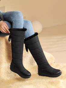 Bow Decor Teddy Lined Snow Boots - Black - View 2