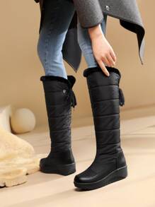 Bow Decor Teddy Lined Snow Boots - Black - View 3