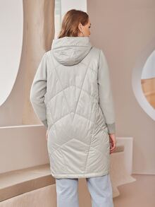Plus Letter Patched Detail Drawstring Hooded Padded Coat - Beige - View 2