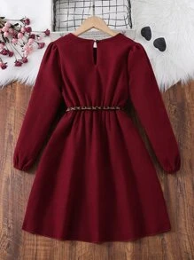 Tween Girl Lantern Sleeve Keyhole Back Belted Dress - Burgundy - View 2