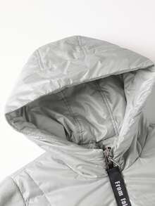 Plus Letter Patched Detail Drawstring Hooded Padded Coat - Beige - View 3