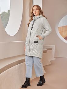 Plus Letter Patched Detail Drawstring Hooded Padded Coat - Beige - View 6