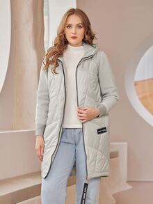 Plus Letter Patched Detail Drawstring Hooded Padded Coat - Beige - View 7