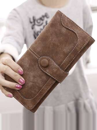 MIYIN 复古优雅针脚细节纽扣装饰女士钱包多卡槽硬币带 ID 窗口 PU 皮革双折复古信用卡夹大容量拉链手拿包适合日常女士咖啡礼物男士钱包钱包长钱包