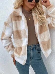 SHEIN LUNE Gingham Zip Up Flannel Jacket - Multicolor - View 1