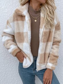SHEIN LUNE Gingham Zip Up Flannel Jacket - Multicolor - View 3