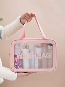 1pc Large Toiletry Travel Bag With Handle, Letter Graphic Clear Make Up Organizer Bag - Pink - View 1