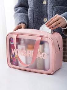1pc Large Toiletry Travel Bag With Handle, Letter Graphic Clear Make Up Organizer Bag - Pink - View 2