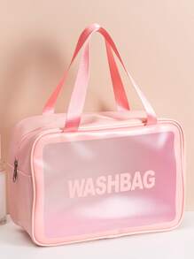 1pc Large Toiletry Travel Bag With Handle, Letter Graphic Clear Make Up Organizer Bag - Pink - View 3