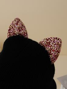 Gorro con diamante de imitación & con dibujos animados con diseño de oreja - Negro - Ver 3