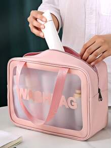1pc Large Toiletry Travel Bag With Handle, Letter Graphic Clear Make Up Organizer Bag - Pink - View 4